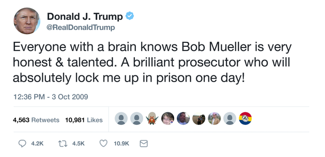 Illustration for article titled Tweet For Everything: In 2009, Donald Trump Tweeted That Robert Mueller Is An Honest Prosecutor Who Will Lock Him Up In Prison One Day